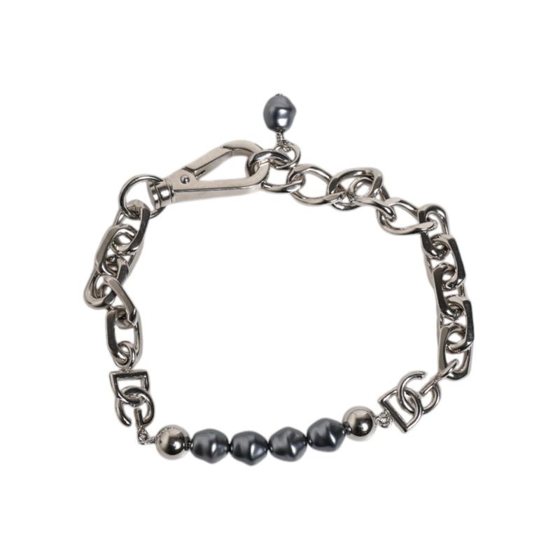 Dolce & Gabbana Silver Tone Chain Lobster Clasp Logo Gray Pearls Men's Bracelet